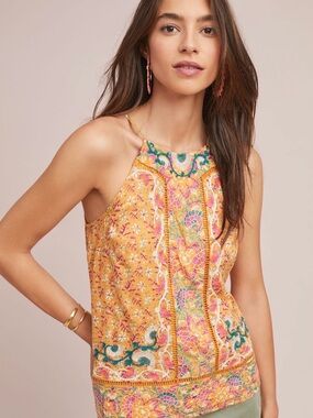 Akemi & Kin for Anthropologie Mustard Yellow Melina Embroidered Halter Tank